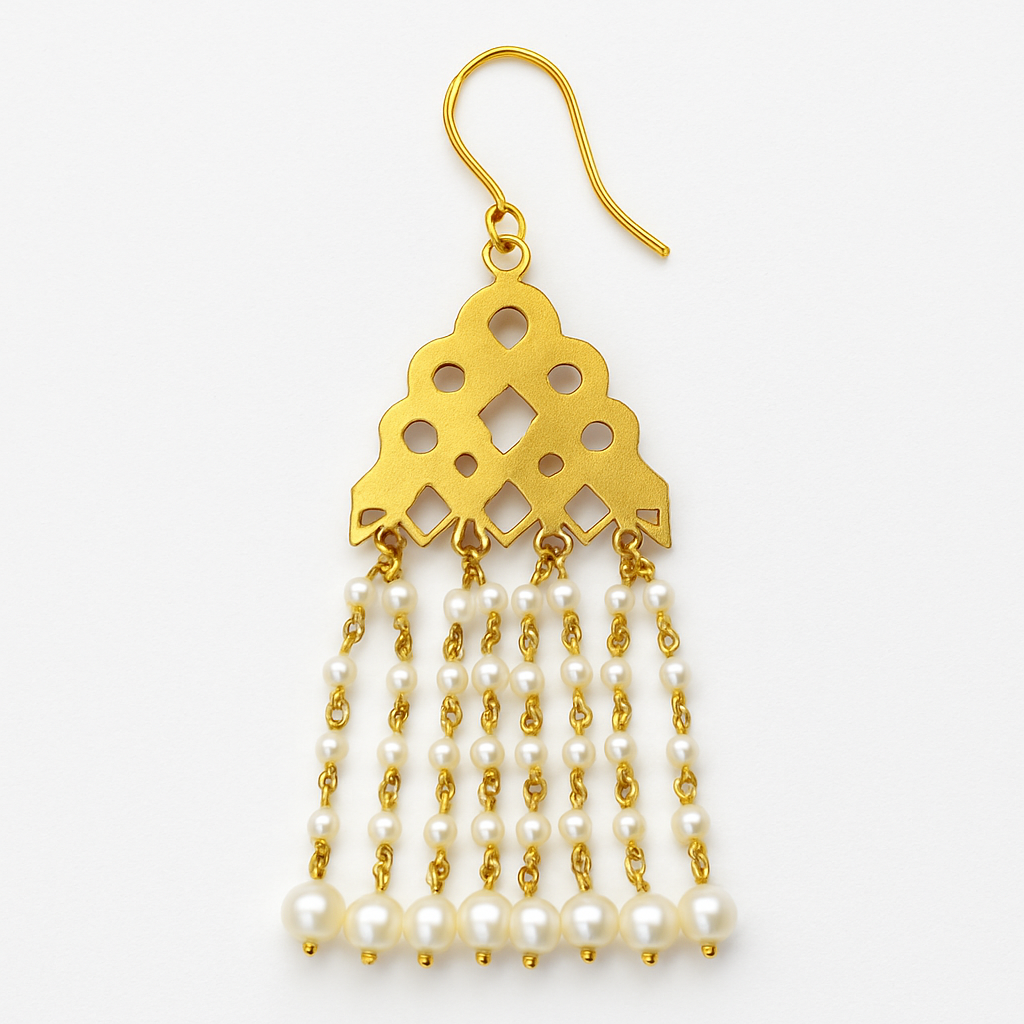 22K Gold Plated Kundan Drop Dangler Earrings with Pearl White Beads