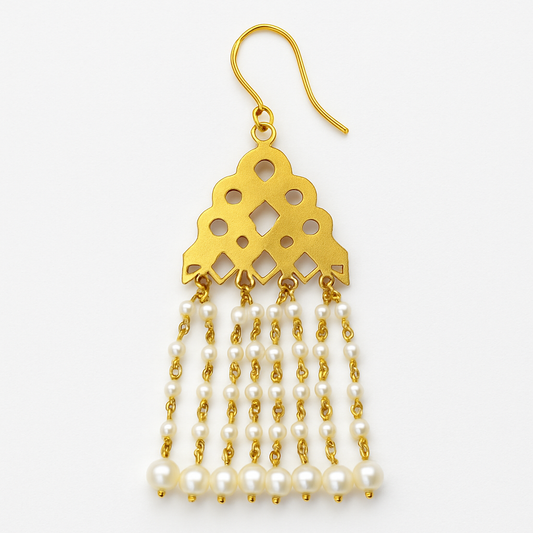 22K Gold Plated Kundan Drop Dangler Earrings with Pearl White Beads