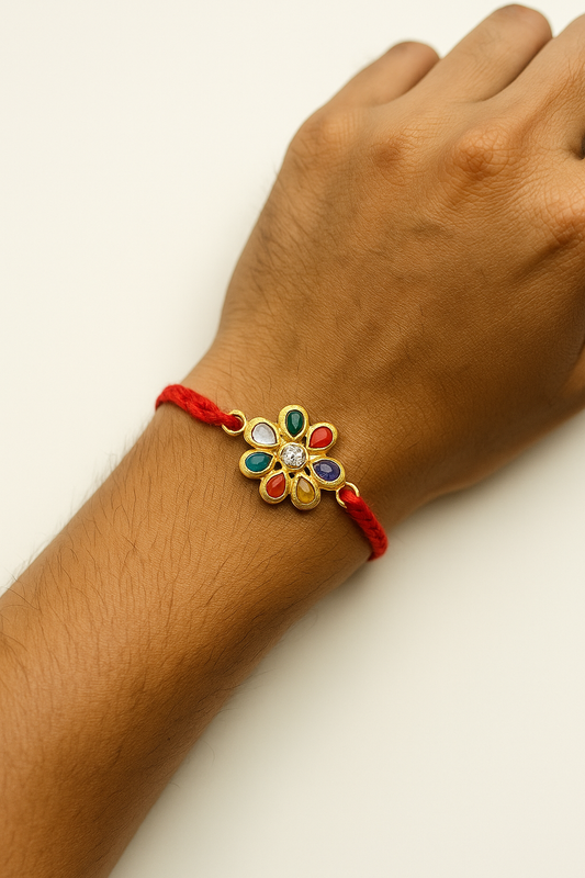 22K Gold Plated Kundan Rakhi with White Glass Cut Stones & Red Thread