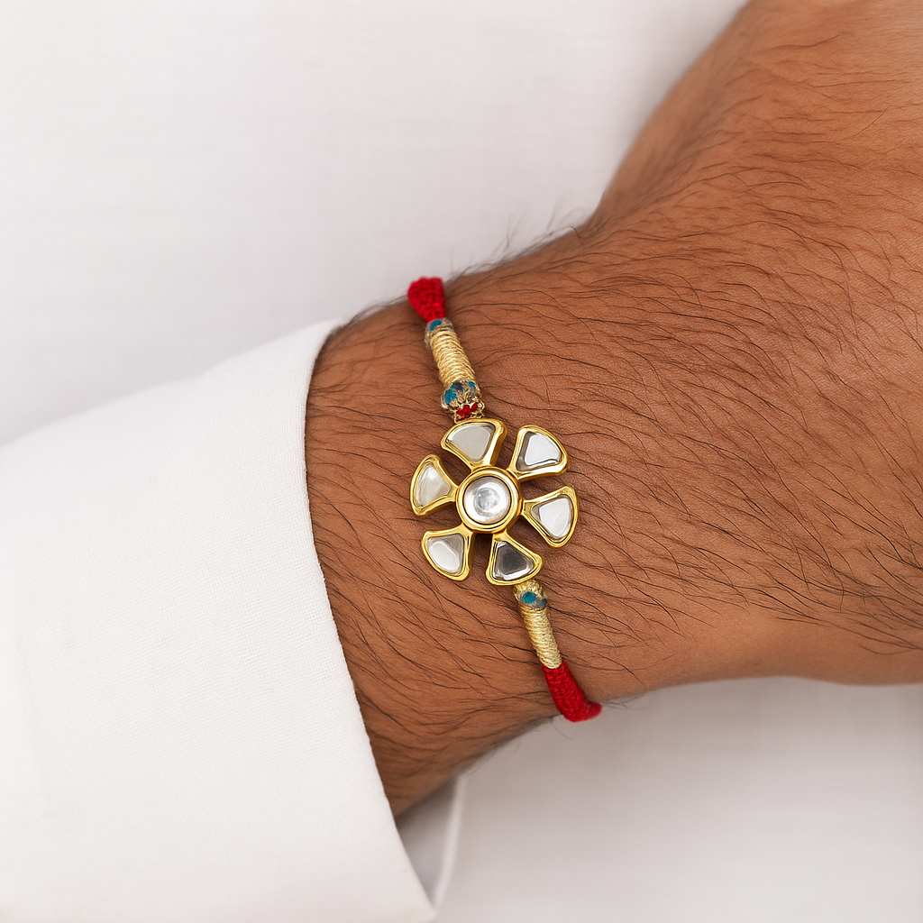 22K Gold Plated Kundan Rakhi with White Glass Cut Stones & Green-Golden Braided Thread