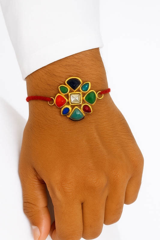 22K Gold Plated Leaf-Petal Kundan Rakhi with White Glass Stones & Red Thread