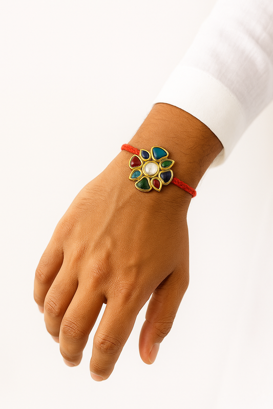 22K Gold Plated Small Petal Kundan Rakhi with White Glass Stones & Red Thread