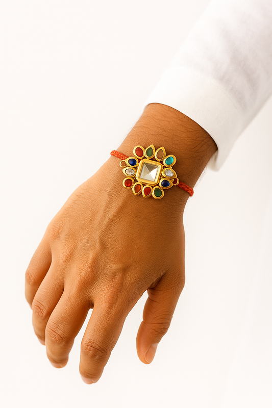 22K Gold Plated Kundan Rakhi with Square White Glass Stone & Leaf Petal Design