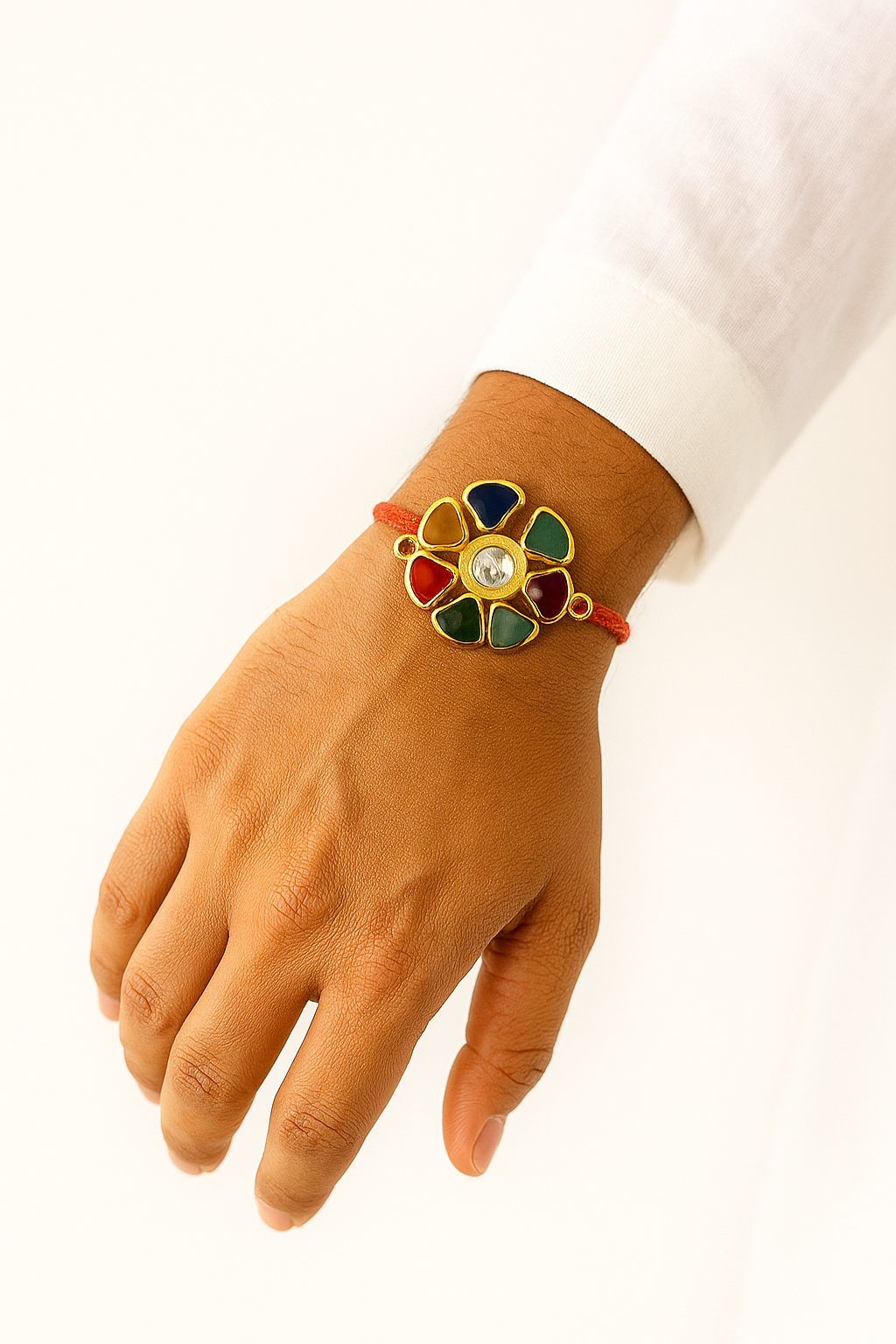 22K Gold Plated Kundan Rakhi with White Glass Cut Stones & Green-Golden Braided Thread