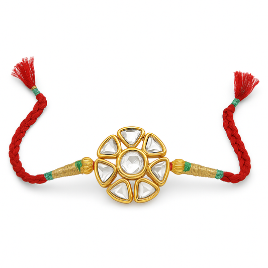 22K Gold Plated Kundan Rakhi with White Glass Cut Stones & Green-Golden Braided Thread
