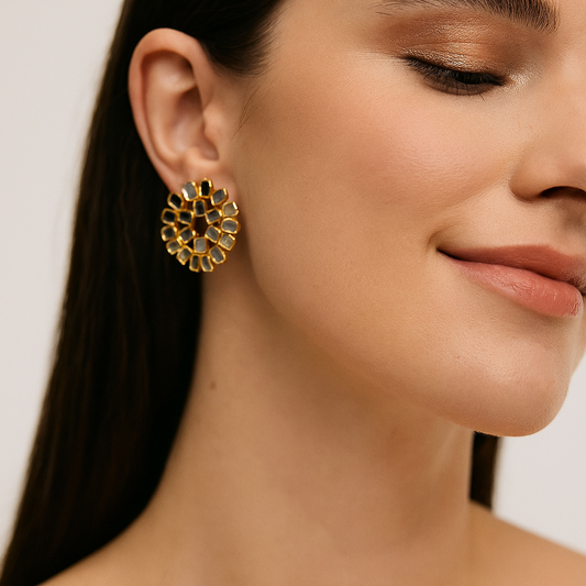 Mirror Style Round Kundan Earrings – 22K Gold Plated Luxe Statement Jewelry