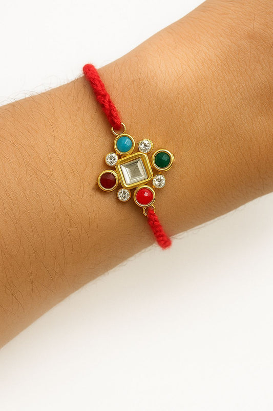 22K Gold Plated Kundan Rakhi with Clear White Stones & Red Thread