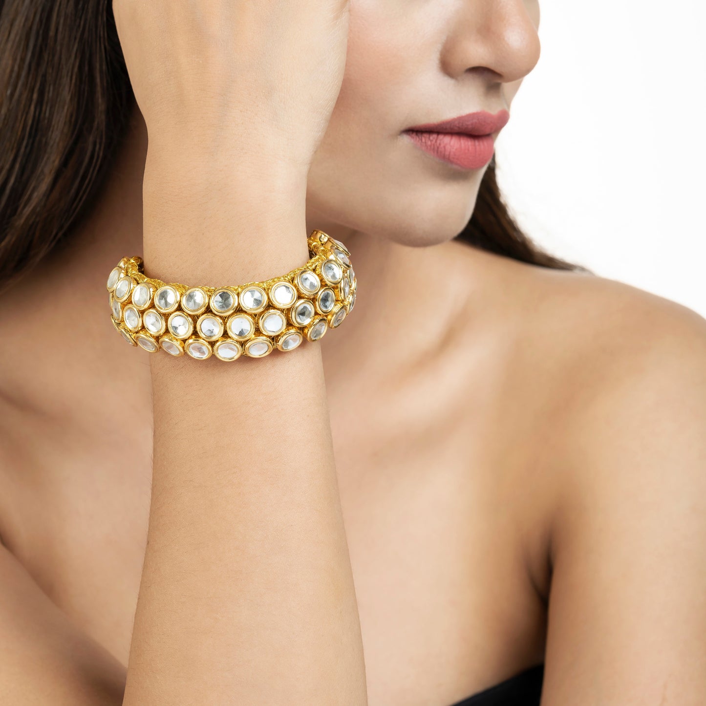 Indian Bracelet - Handmade Bracelet - 22K Gold Plated Kundan 3 Line Bracelet - Danish Jewellers®