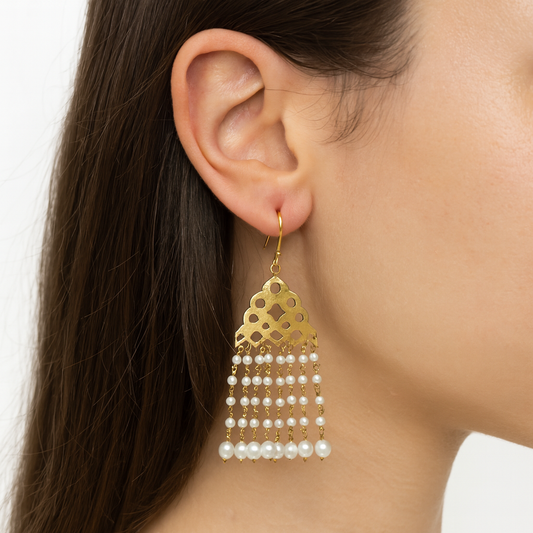22K Gold Plated Kundan Drop Dangler Earrings with Pearl White Beads