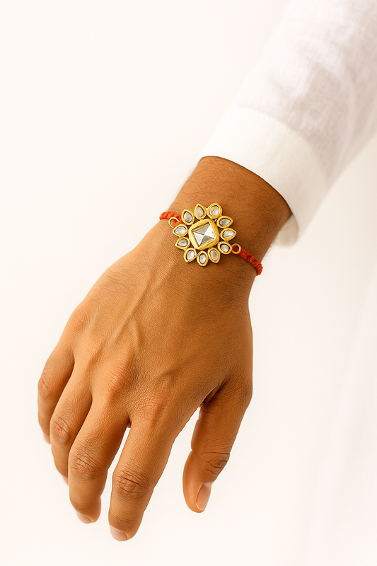 22K Gold Plated Kundan Rakhi with Square White Glass Stone & Leaf Petal Design