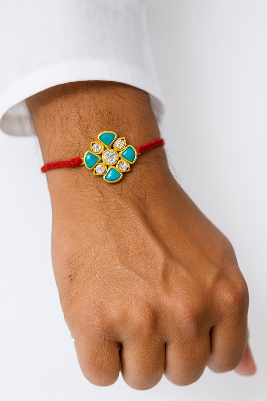 22K Gold Plated Kundan Rakhi with Firoza & Shiny Stones and Centerpiece