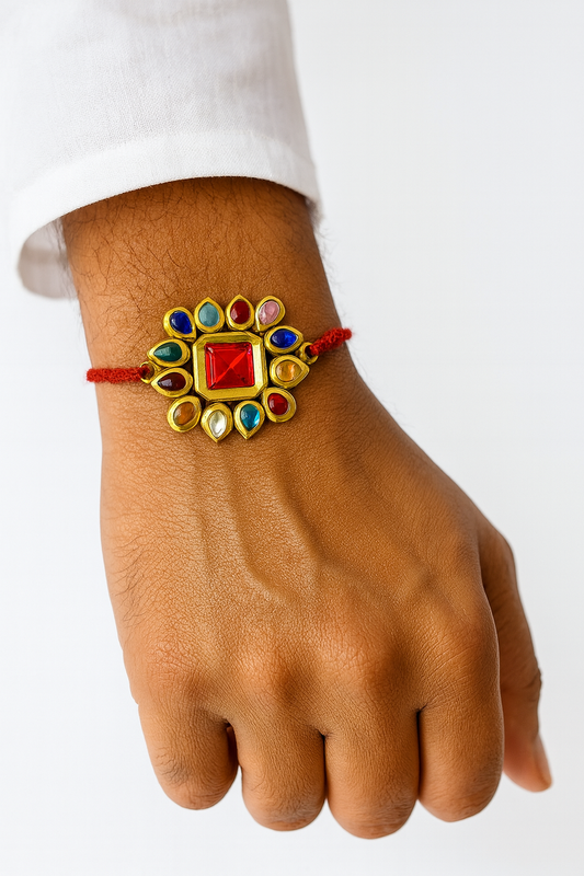 22K Gold Plated Kundan Rakhi with Square Red Centerpiece & Multicolor Petal Stones