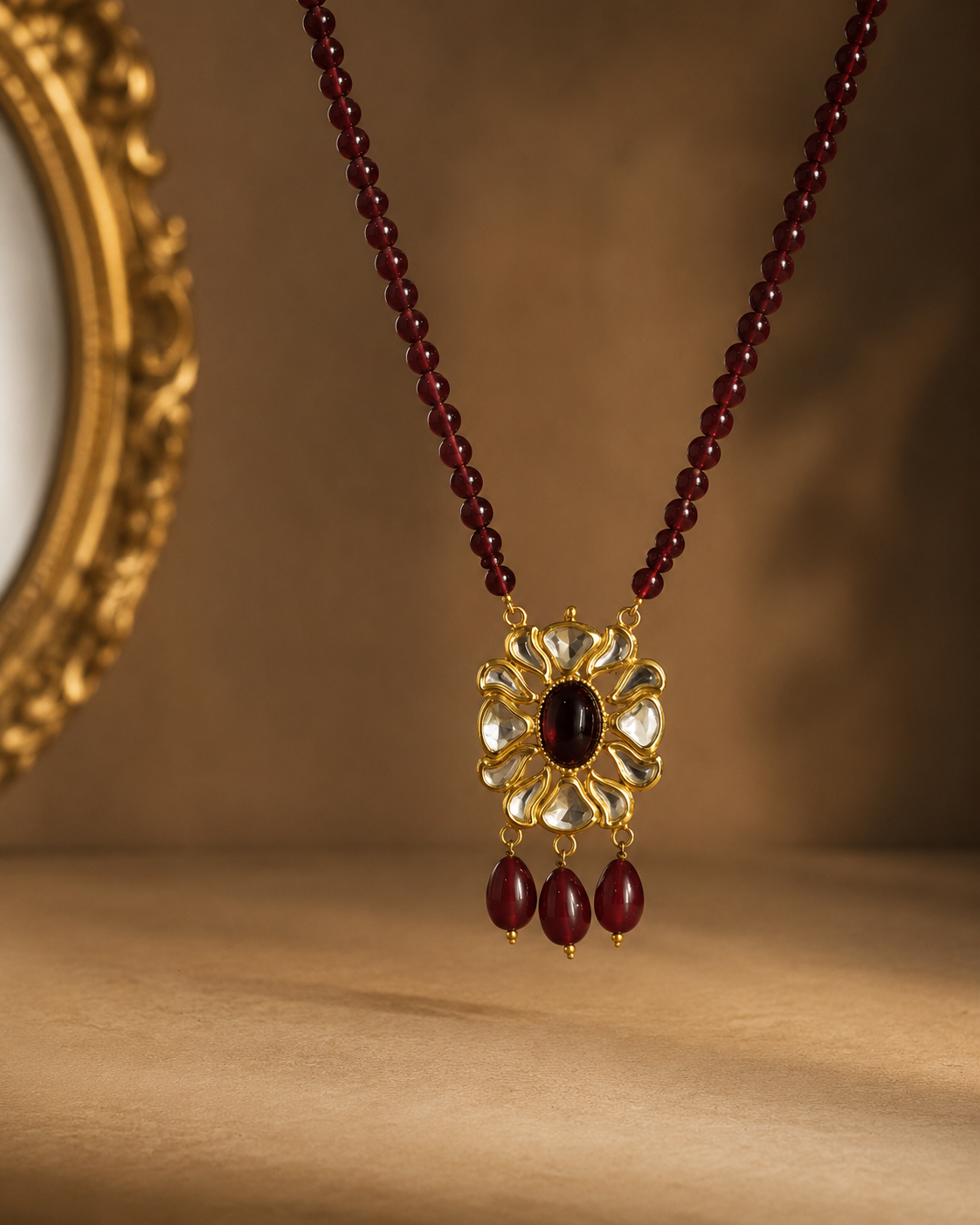 Maroon Kundan Pendant Necklace Set with Earrings | Traditional Ethnic Jewellery for Women