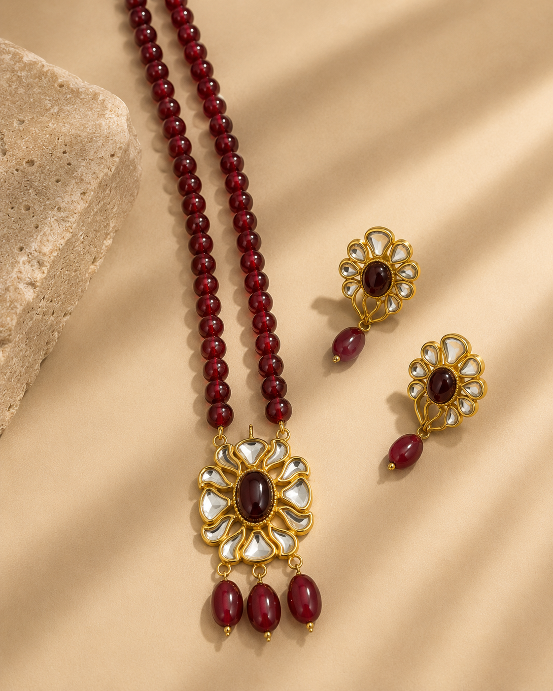 Maroon Kundan Pendant Necklace Set with Earrings | Traditional Ethnic Jewellery for Women
