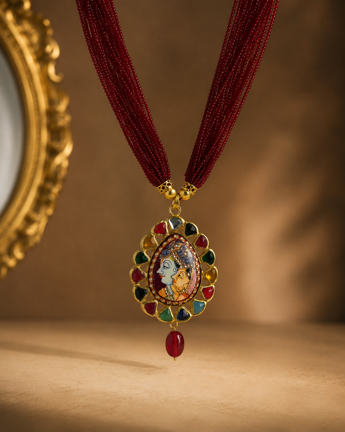 Handcrafted Radha Krishna Navratna Pendant Necklace Set with Ruby Beads | Traditional Kundan Meenakari Jewellery