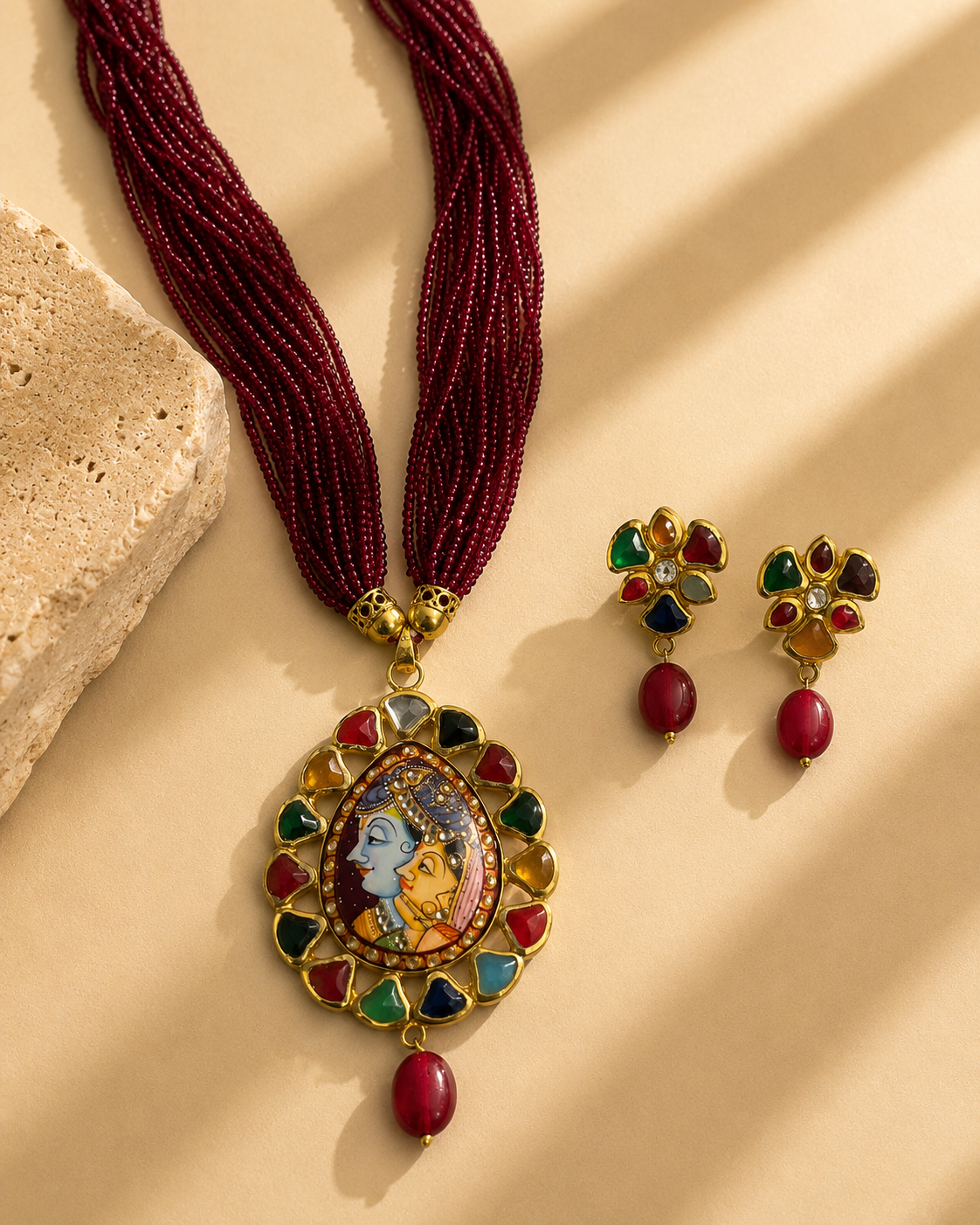 Handcrafted Radha Krishna Navratna Pendant Necklace Set with Ruby Beads | Traditional Kundan Meenakari Jewellery