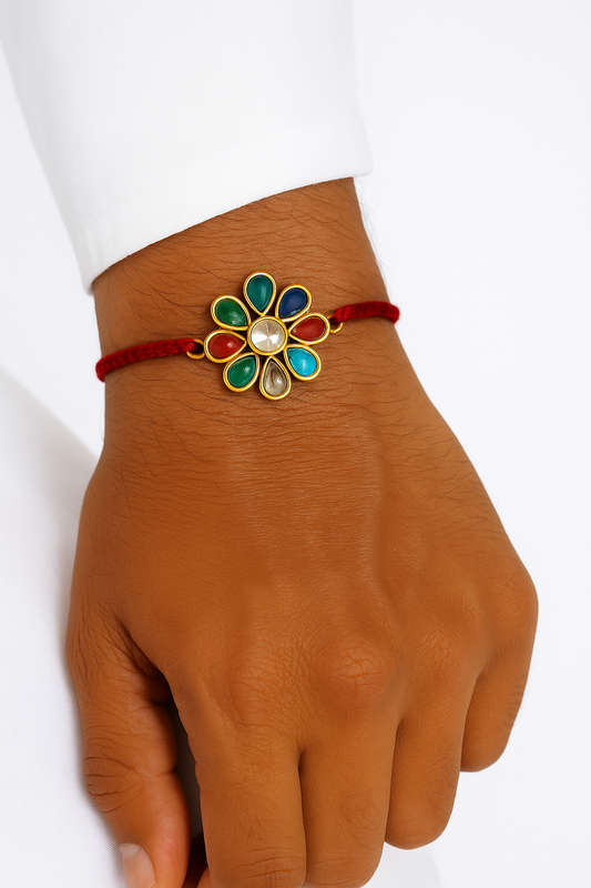 22K Gold Plated Kundan Rakhi with White Glass Stones & Red Thread