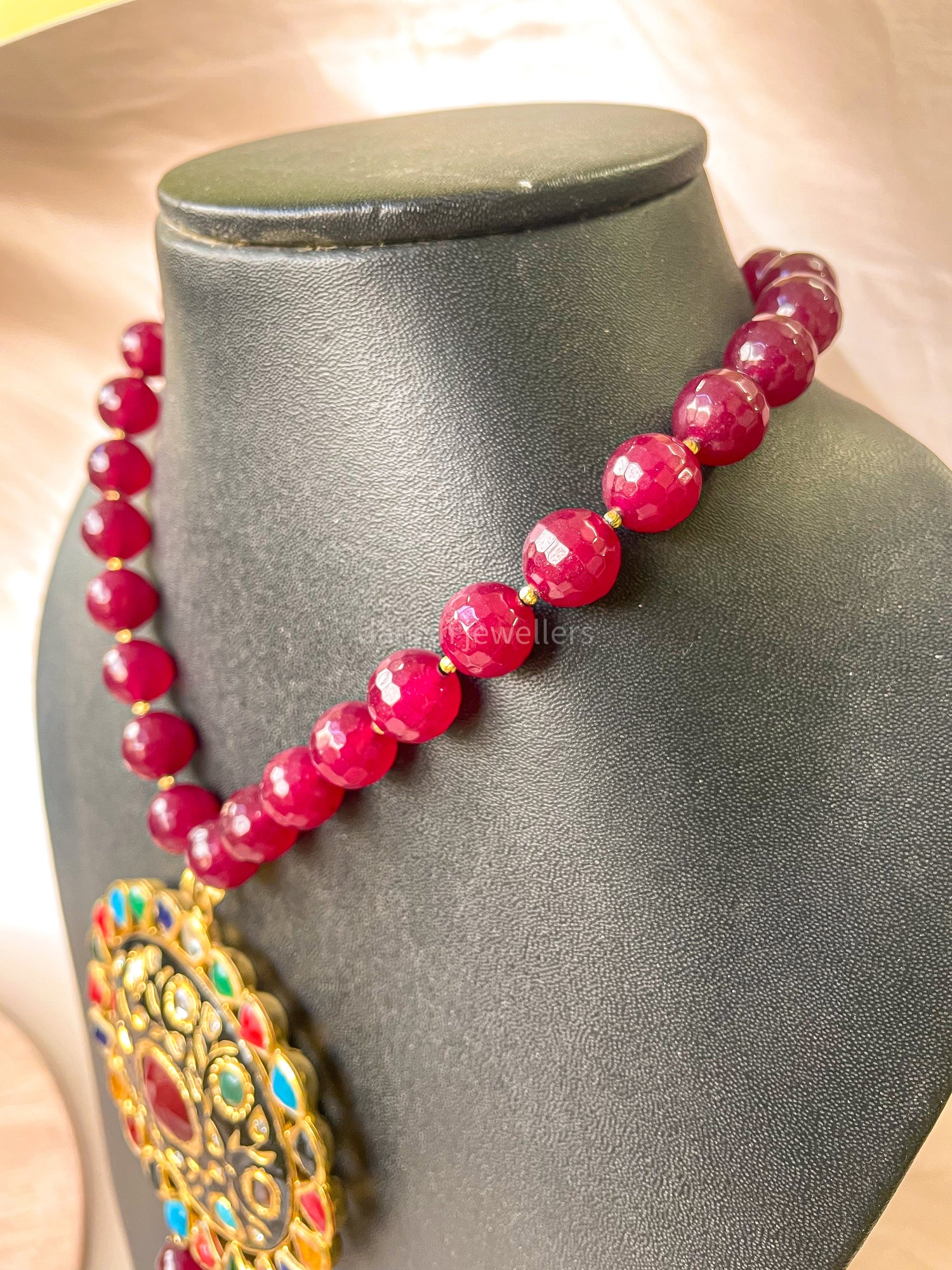 Handcrafted Navratna Kundan Pendant Necklace with Ruby Red Beads | Premium Traditional Jewellery for Women