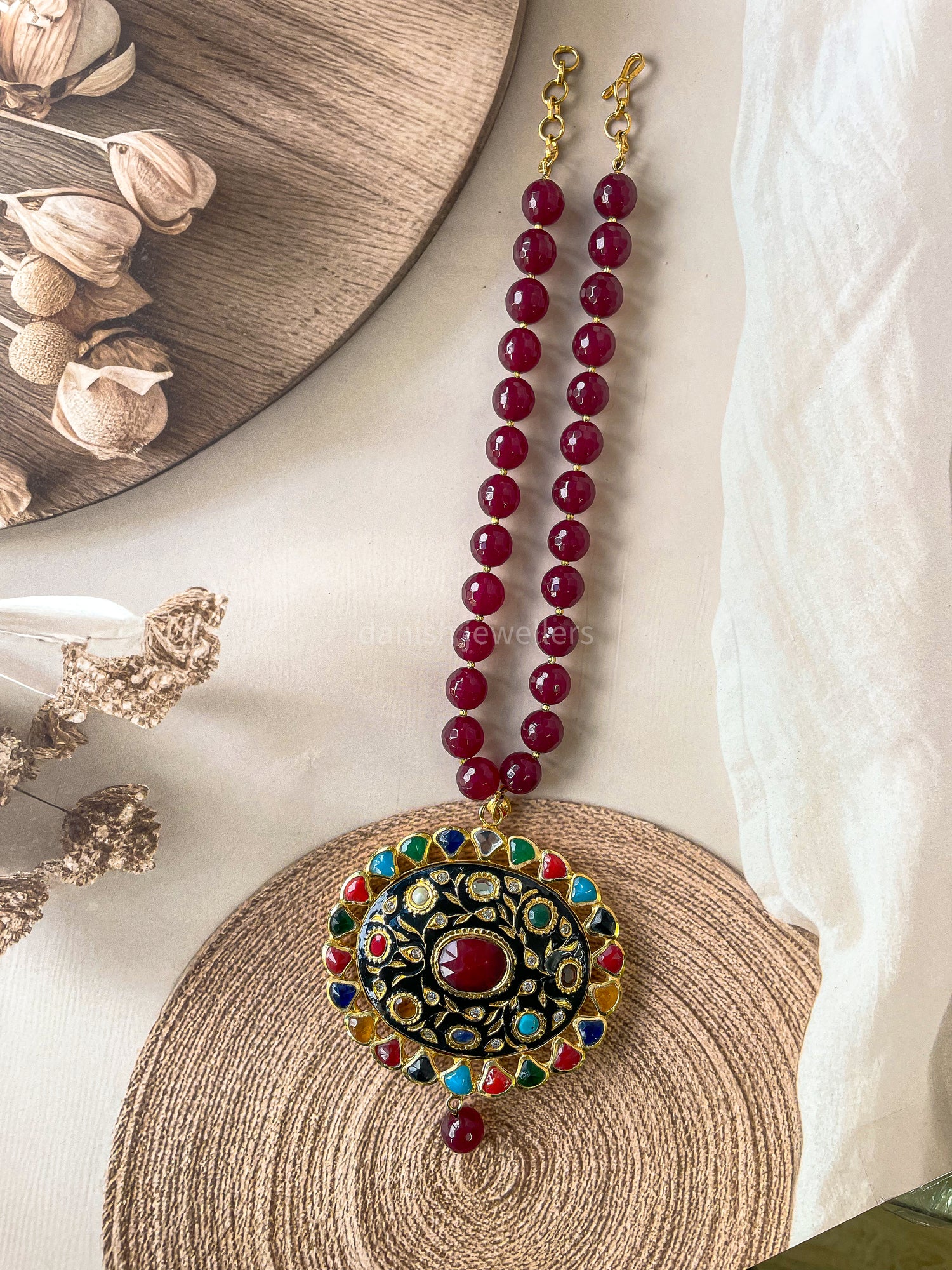 Handcrafted Navratna Kundan Pendant Necklace with Ruby Red Beads | Premium Traditional Jewellery for Women
