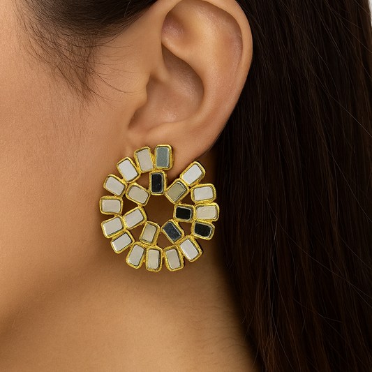 Mirror Style Round Kundan Earrings – 22K Gold Plated Luxe Statement Jewelry