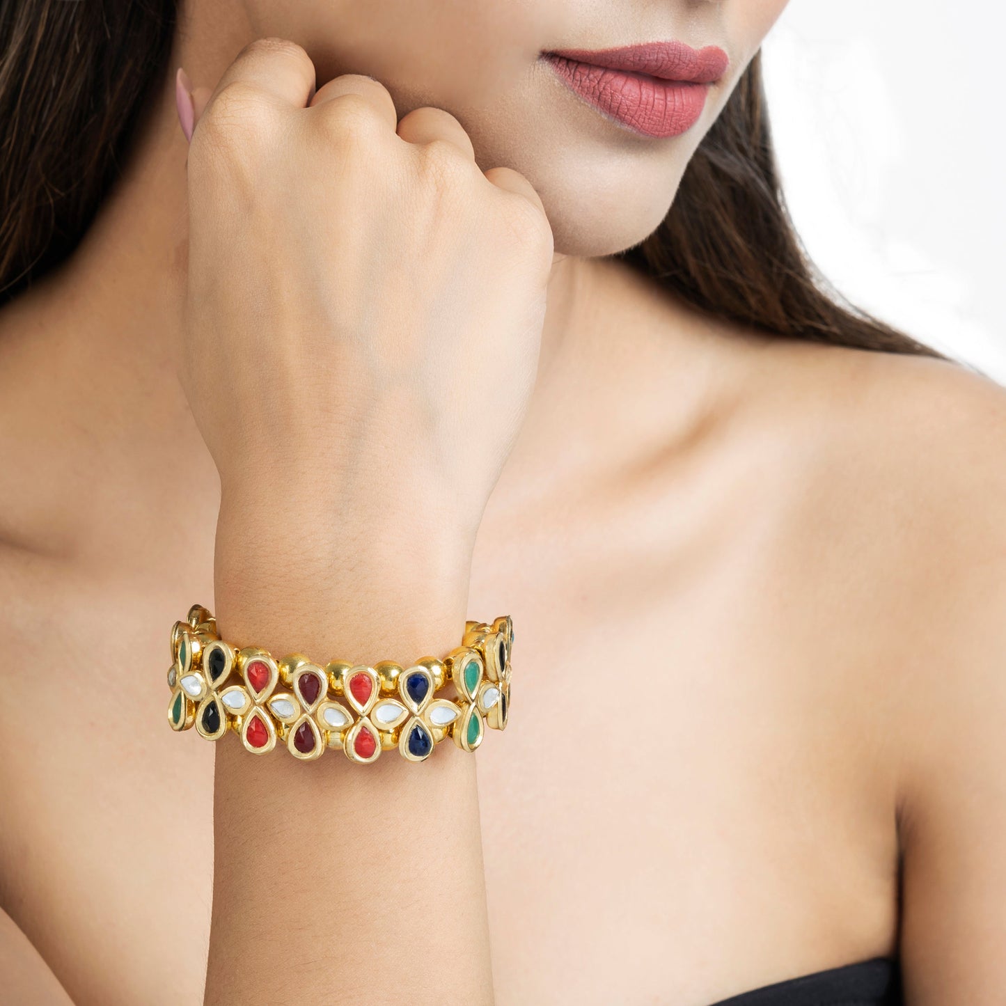 Exquisite 22K Gold Finishing Bracelet - Kundan Bracelet - Multi-Leaf Style Bracelet - Danish Jewellers® 