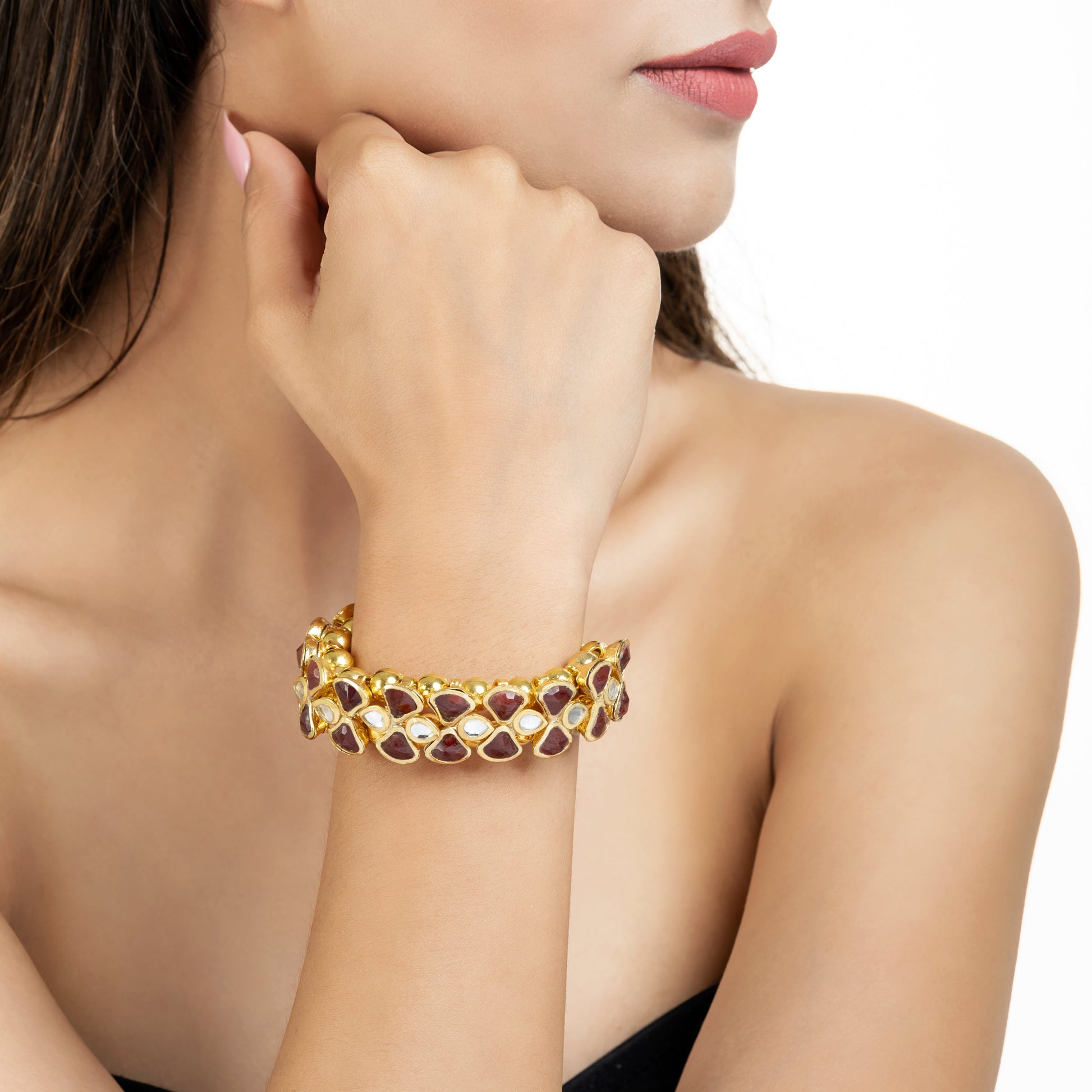 Dark Red Style Kundan Bracelet - Kundan Bracelet - 22K Gold Plated Kundan Bracelet - Danish Jewellers® 