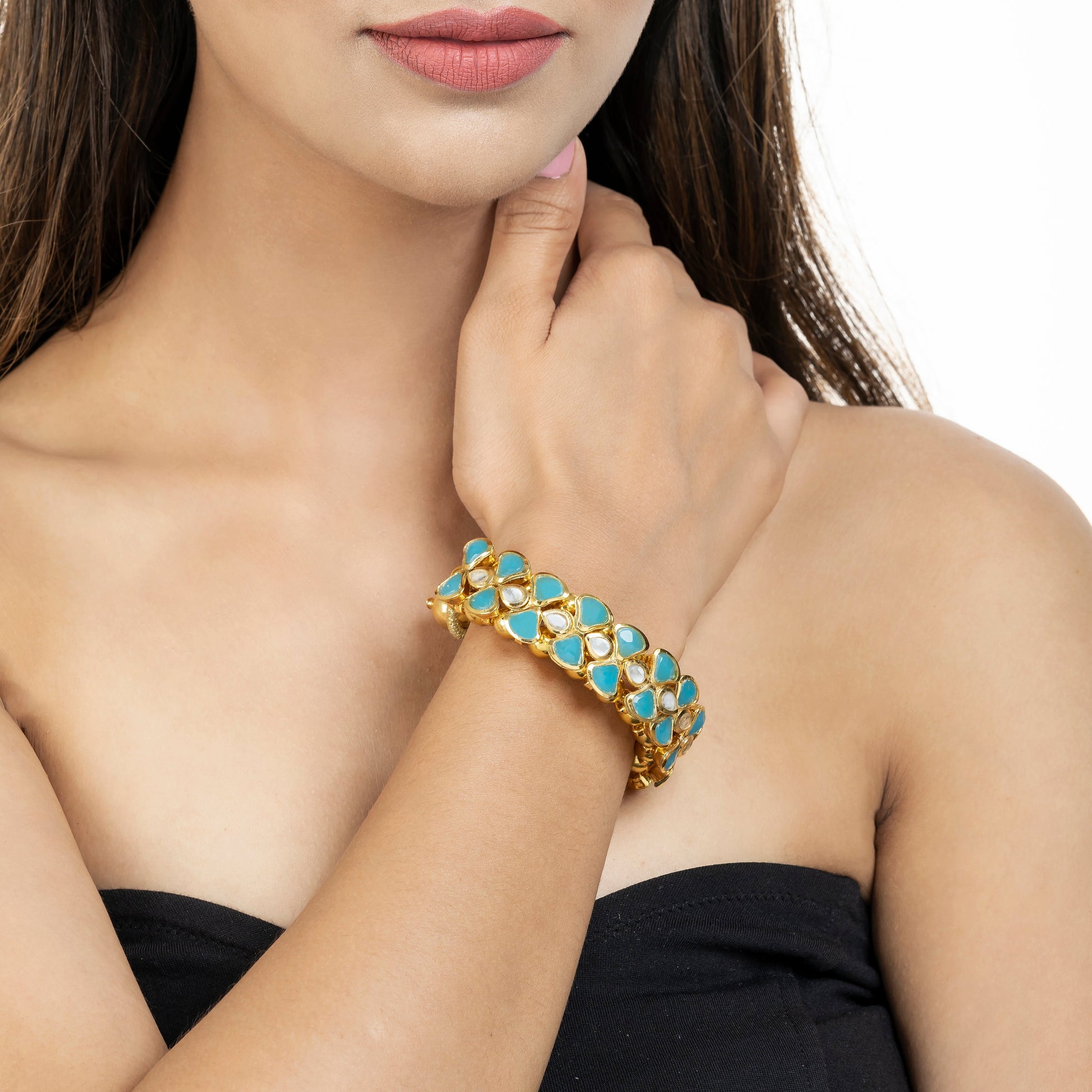 Blue Themed Kundan Bracelet - Handmade Kundan Bracelet - Statement Kundan Bracelet - Danish Jewellers® 